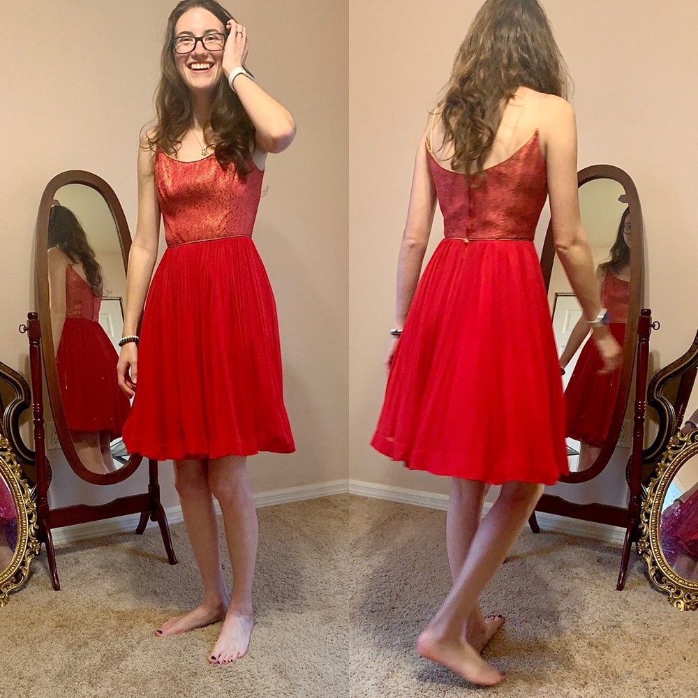 Vintage 50s/60s Golden Red Embroidered Brocade Chiffon Dress